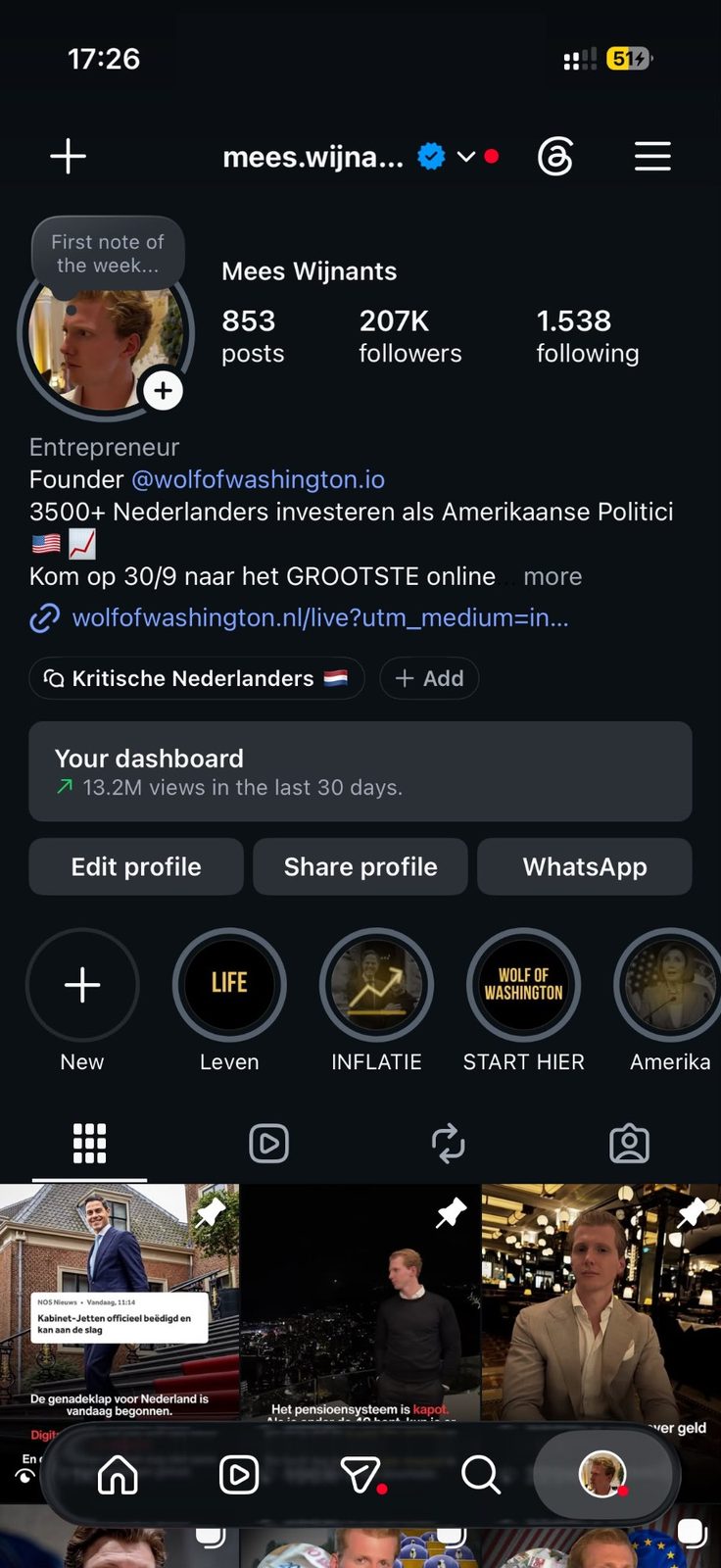 Instagram profile of Mees's Dutch account showing 207K followers and 13.2M views in the last 30 days